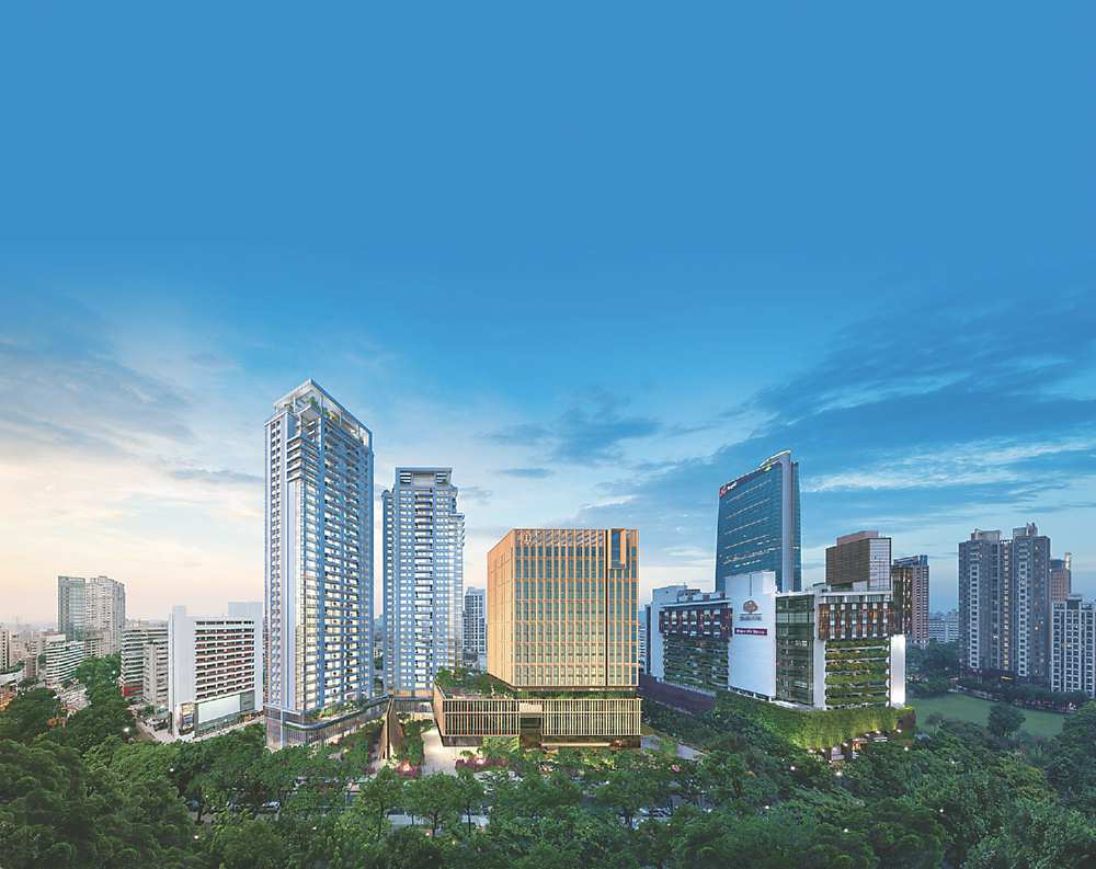 ●勤美集團近4,000坪基地國際複合式開發案「勤美之森」,於3月28日完成「臺中勤美洲際酒店」(圖中黃色建築量體)上梁儀式。圖/業者提供 image